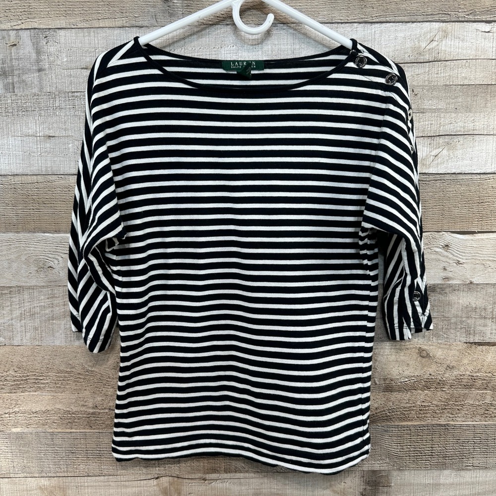 Lauren Ralph Lauren Womens Boatneck Button Accent Striped Top Black White Size M